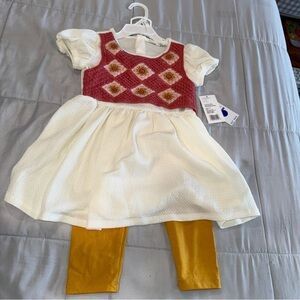 White Dress with Red Pattern and Yellow Leggings